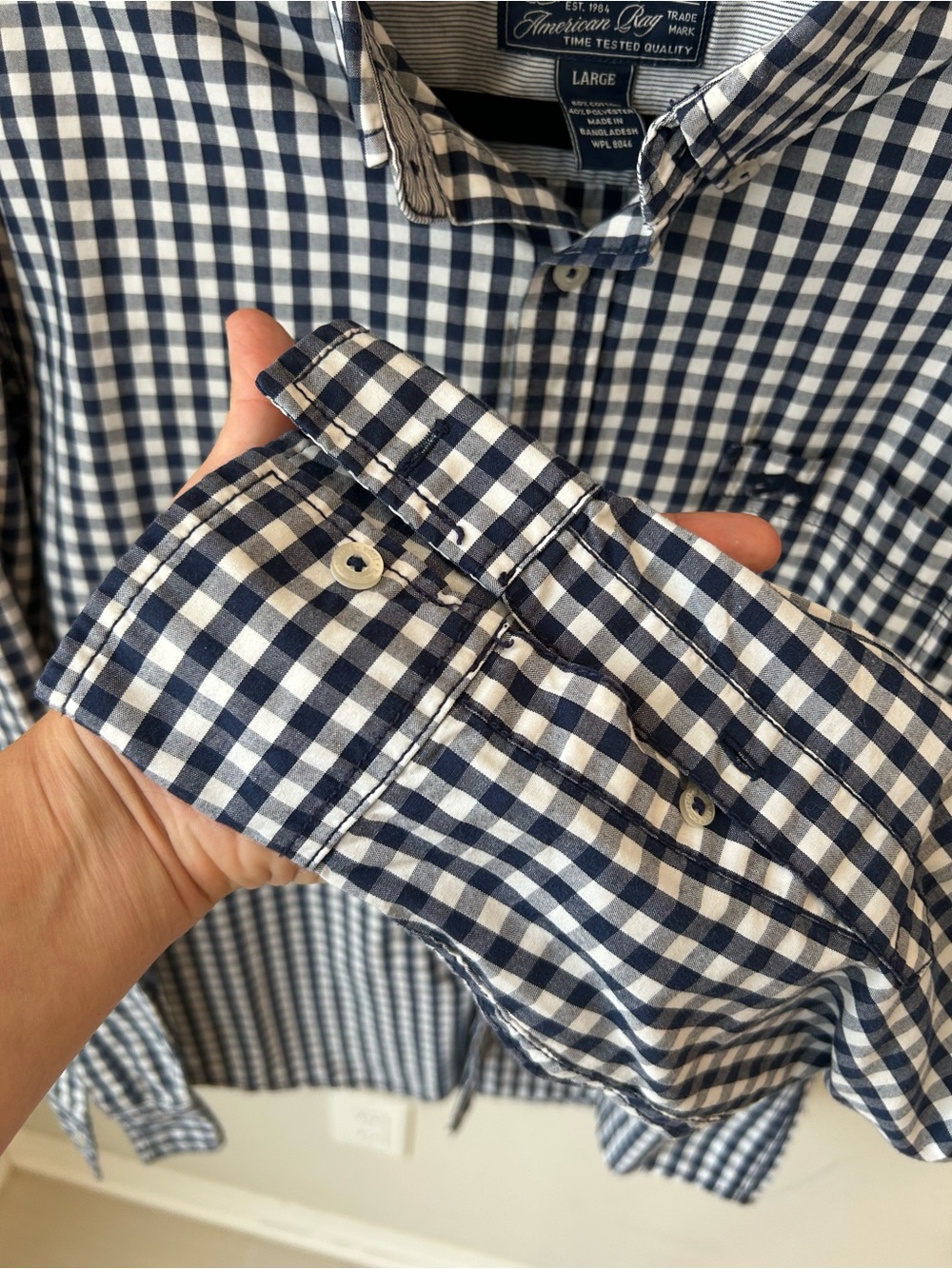 American Rag Slim Fit Navy Gingham Button Down Shirt Men’s L 16 inch neck - Picture 6 of 12